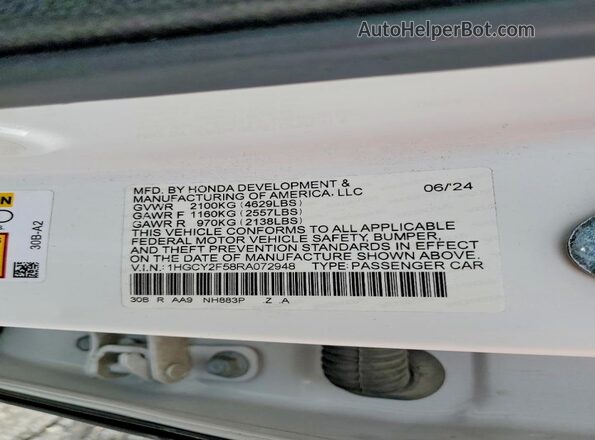 1HGCY2F58RA072948 2024 HONDA ACCORD White Вид підкапотного простору