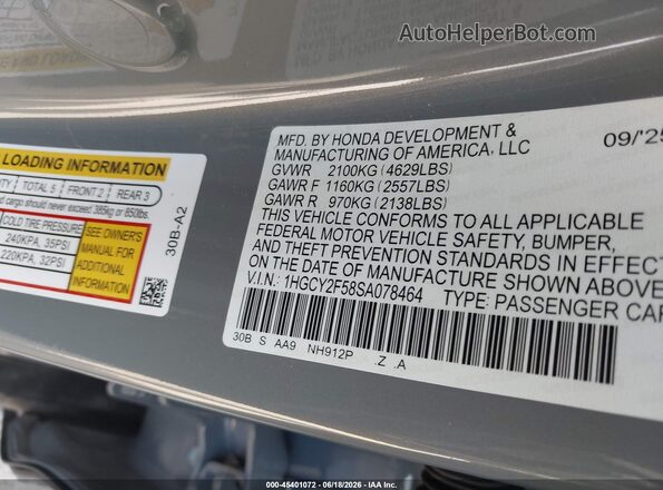 1HGCY2F58SA078464 2025 HONDA ACCORD Gray Widok komory silnika