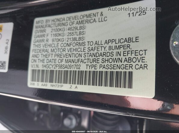 1HGCY2F58SA091702 2025 HONDA ACCORD Black ძრავის განყოფილების ხედი