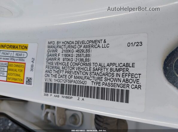 1HGCY2F59PA005420 2023 HONDA ACCORD White Widok komory silnika