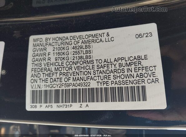1HGCY2F59PA049322 2023 HONDA ACCORD Black Vista del compartimento del motor