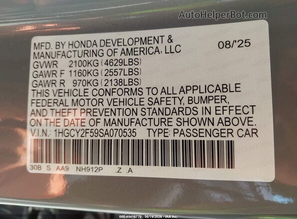 1HGCY2F59SA070535 2025 HONDA ACCORD Gray Вид підкапотного простору