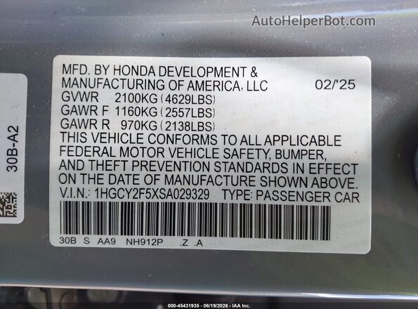 1HGCY2F5XSA029329 2025 HONDA ACCORD Серый Вид подкапотного пространства