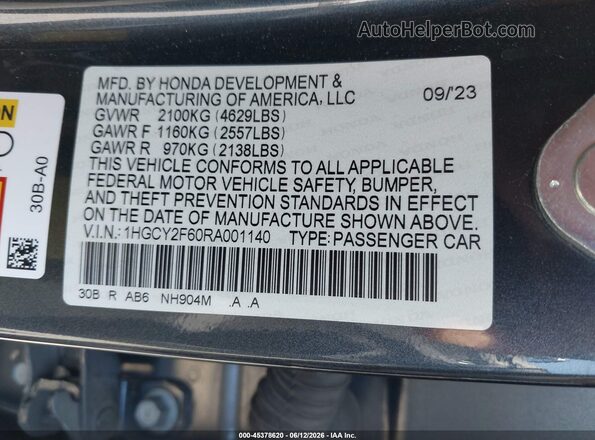 1HGCY2F60RA001140 2024 HONDA ACCORD Синий Вид подкапотного пространства
