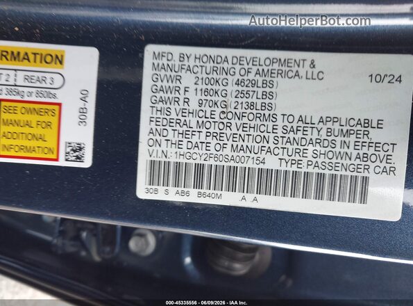 1HGCY2F60SA007154 2025 HONDA ACCORD Blue Widok komory silnika