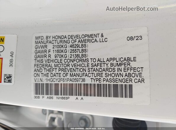 1HGCY2F61PA059738 2023 HONDA ACCORD White Շարժիչի բաժամունքի տեսք