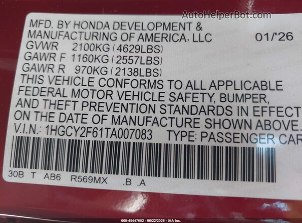 1HGCY2F61TA007083 2026 HONDA ACCORD Red Widok komory silnika