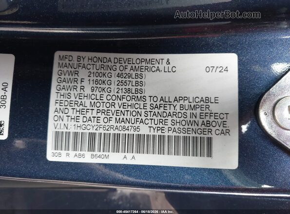 1HGCY2F62RA084795 2024 HONDA ACCORD Dark Blue უკანა სავარძლების ხედი