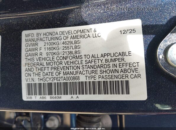 1HGCY2F62TA000868 2026 HONDA ACCORD Dark Blue Вид подкапотного пространства