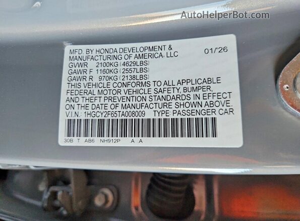 1HGCY2F65TA008009 2026 HONDA ACCORD Gray Widok komory silnika