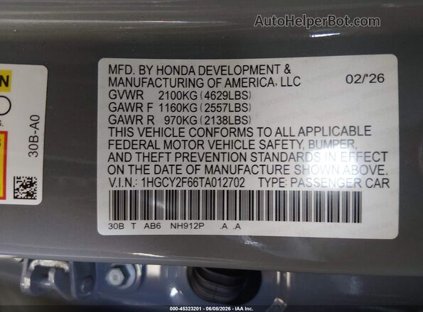 1HGCY2F66TA012702 2026 HONDA ACCORD Gray Widok komory silnika