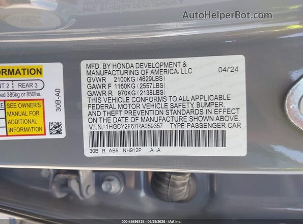 1HGCY2F67RA059357 2024 HONDA ACCORD Pewter Вид подкапотного пространства