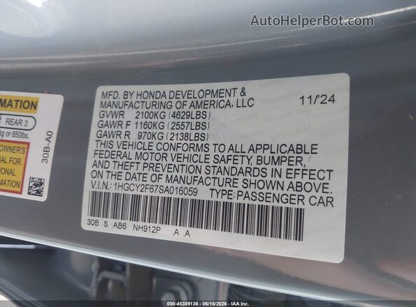 1HGCY2F67SA016059 2025 HONDA ACCORD Gray Շարժիչի բաժամունքի տեսք