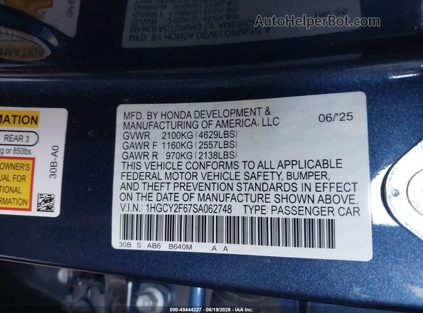 1HGCY2F67SA062748 2025 HONDA ACCORD Dark Blue Vista del compartimento del motor