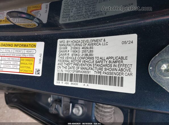 1HGCY2F68RA066091 2024 HONDA ACCORD Blue Շարժիչի բաժամունքի տեսք