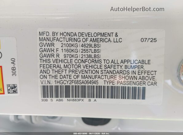 1HGCY2F68SA064945 2025 HONDA ACCORD White Engine compartment view