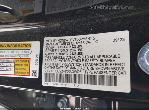 1HGCY2F6XRA005096 2024 HONDA ACCORD HYBRID Black Շարժիչի բաժամունքի տեսք