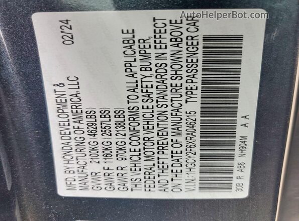 1HGCY2F6XRA046215 2024 HONDA ACCORD Charcoal Vista del compartimento del motor