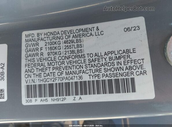 1HGCY2F70PA047136 2023 HONDA ACCORD Gray Շարժիչի բաժամունքի տեսք