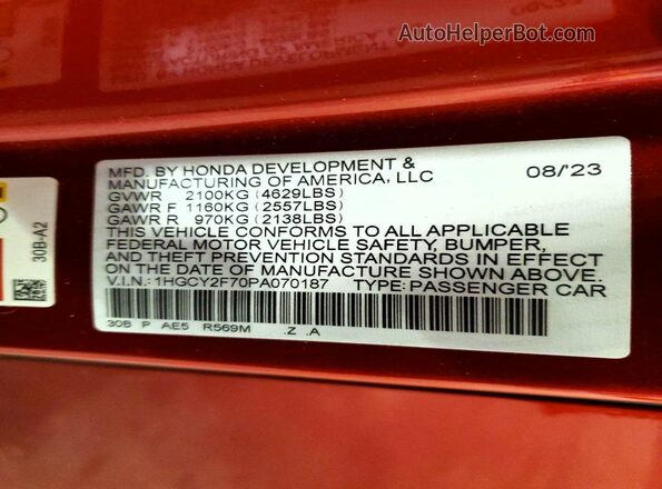 1HGCY2F70PA070187 2023 HONDA ACCORD Red 