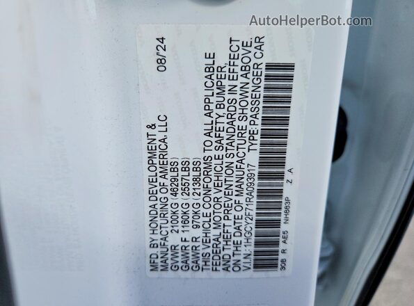 1HGCY2F71RA093917 2024 HONDA ACCORD White Widok komory silnika