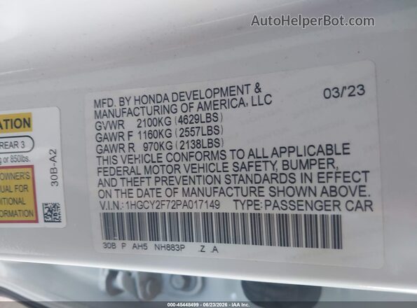 1HGCY2F72PA017149 2023 HONDA ACCORD White Vista del compartimento del motor