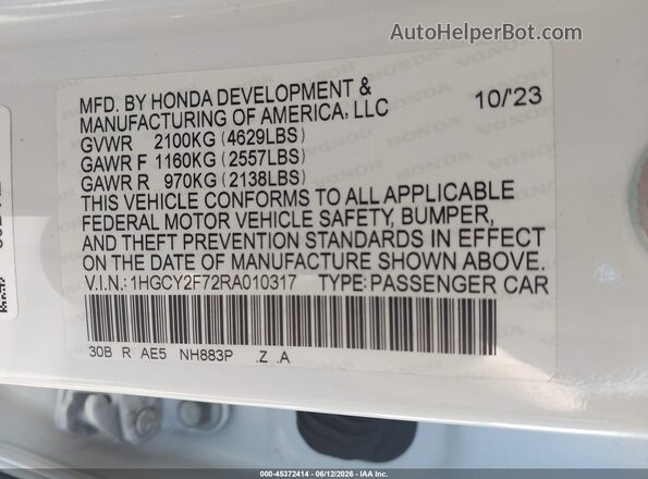1HGCY2F72RA010317 2024 HONDA ACCORD White ძრავის განყოფილების ხედი