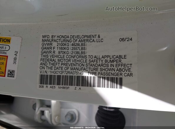 1HGCY2F72RA075149 2024 HONDA ACCORD White Engine compartment view