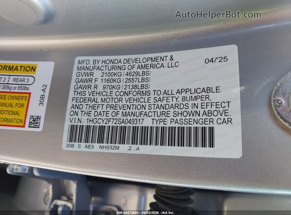 1HGCY2F72SA049317 2025 HONDA ACCORD Серебряный Вид подкапотного пространства