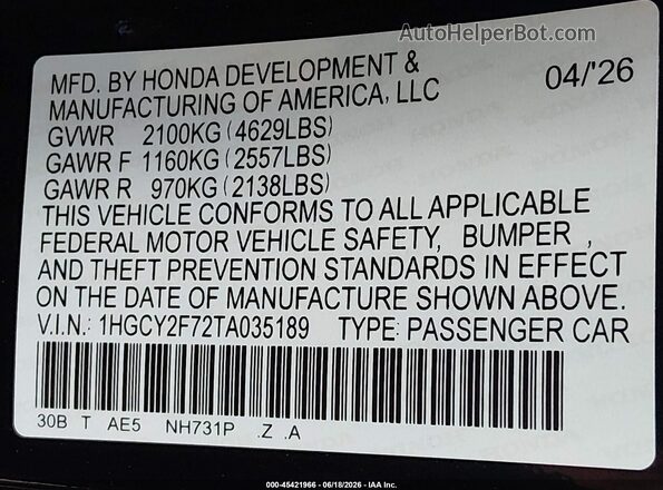 1HGCY2F72TA035189 2026 HONDA ACCORD Черный Вид подкапотного пространства