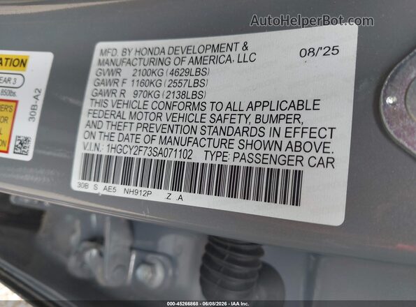 1HGCY2F73SA071102 2025 HONDA ACCORD Gray Widok komory silnika
