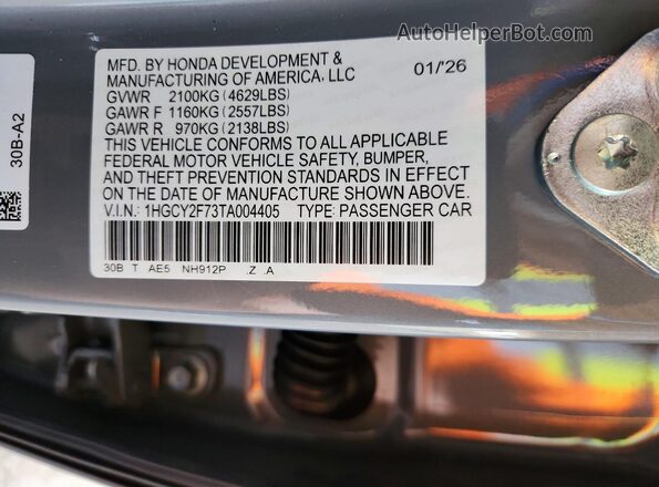 1HGCY2F73TA004405 2026 HONDA ACCORD Gray VIN კოდის სტიკერის ხედი