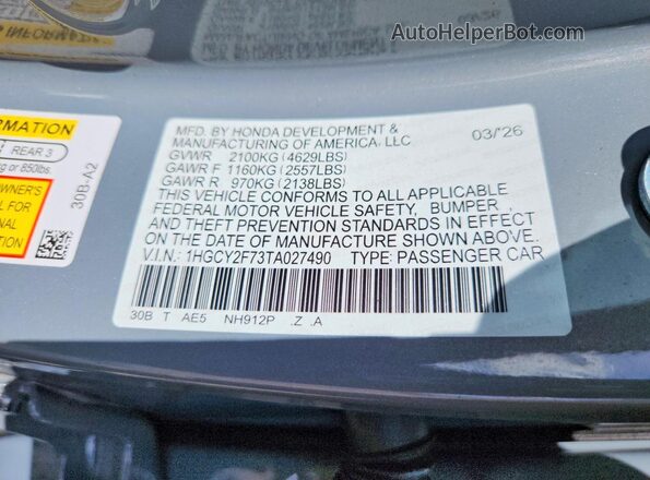 1HGCY2F73TA027490 2026 HONDA ACCORD Silver Вид підкапотного простору