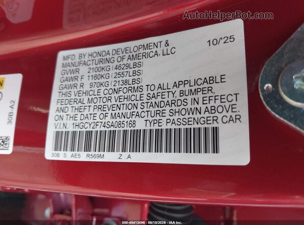 1HGCY2F74SA085168 2025 HONDA ACCORD Красный Вид подкапотного пространства