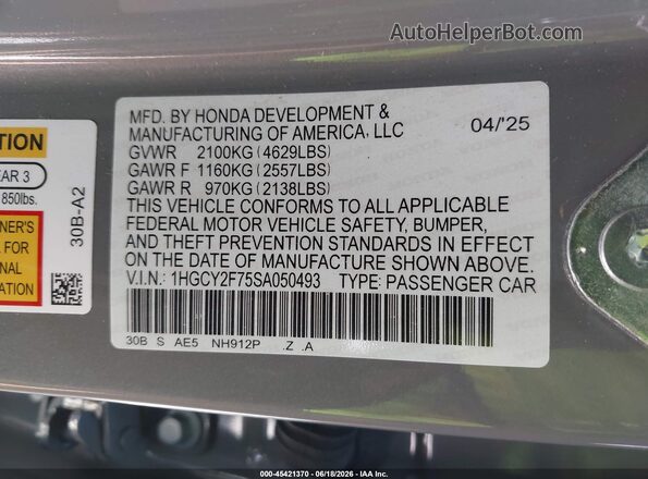 1HGCY2F75SA050493 2025 HONDA ACCORD Gray ძრავის განყოფილების ხედი