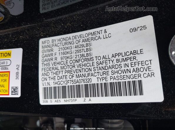 1HGCY2F75SA076320 2025 HONDA ACCORD Black Widok komory silnika