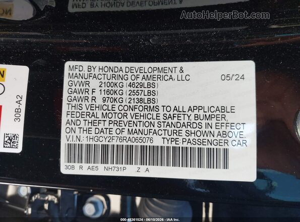 1HGCY2F76RA065076 2024 HONDA ACCORD Black Vista del compartimento del motor
