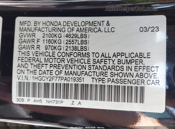 1HGCY2F77PA019351 2023 HONDA ACCORD Black Vista del compartimento del motor