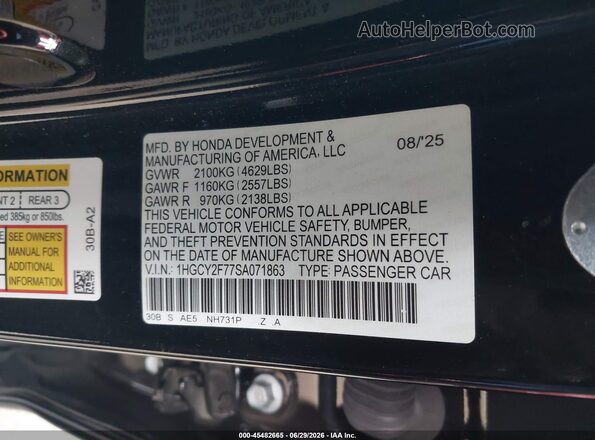 1HGCY2F77SA071863 2025 HONDA ACCORD Черный Вид подкапотного пространства