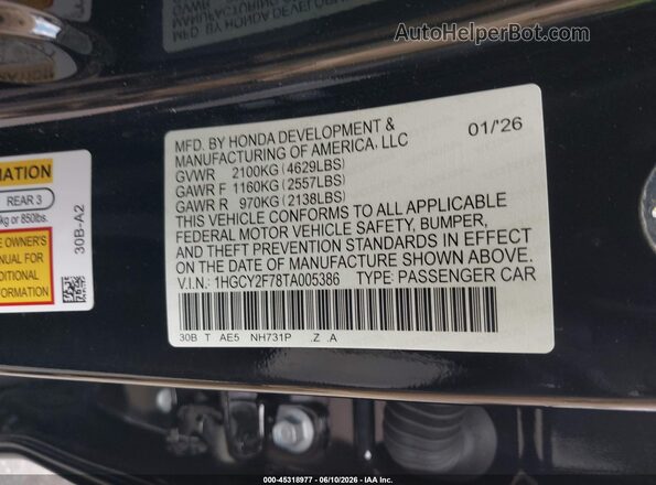 1HGCY2F78TA005386 2026 HONDA ACCORD Black Շարժիչի բաժամունքի տեսք