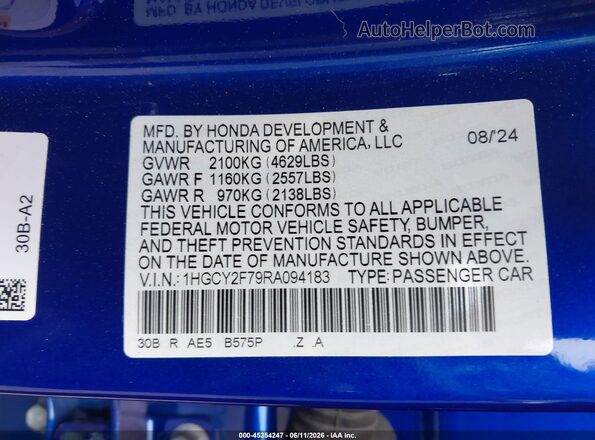 1HGCY2F79RA094183 2024 HONDA ACCORD Blue ძრავის განყოფილების ხედი