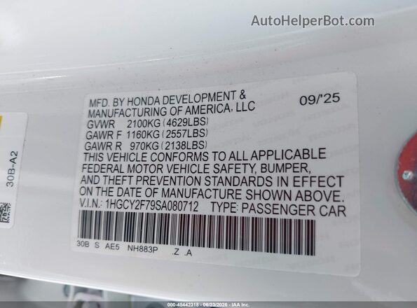 1HGCY2F79SA080712 2025 HONDA ACCORD White Widok komory silnika