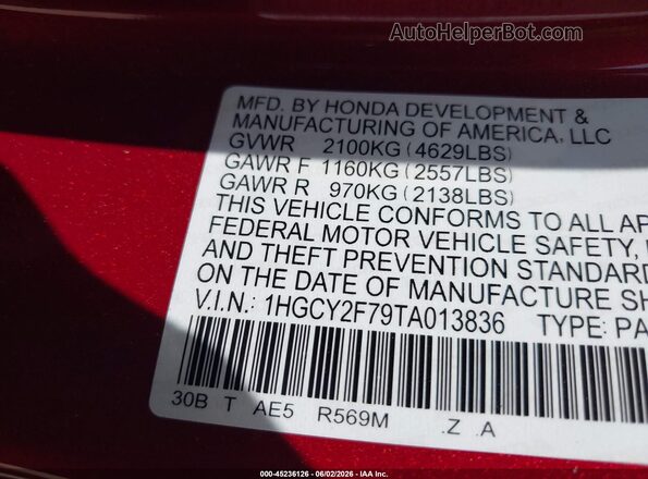 1HGCY2F79TA013836 2026 HONDA ACCORD Красный Вид подкапотного пространства