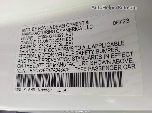 1HGCY2F7XPA043479 2023 HONDA ACCORD White Շարժիչի բաժամունքի տեսք