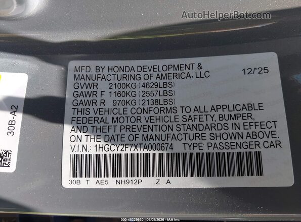 1HGCY2F7XTA000674 2026 HONDA ACCORD Gray Vista del compartimento del motor