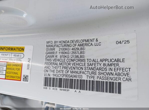 1HGCY2F80SA046103 2025 HONDA ACCORD White Engine compartment view