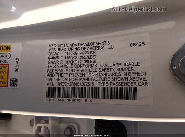1HGCY2F80SA072815 2025 HONDA ACCORD White Widok komory silnika