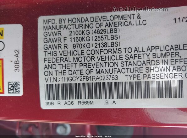 1HGCY2F81RA023763 2024 HONDA ACCORD Red ძრავის განყოფილების ხედი