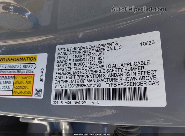 1HGCY2F82RA012190 2024 HONDA ACCORD Gray Widok komory silnika
