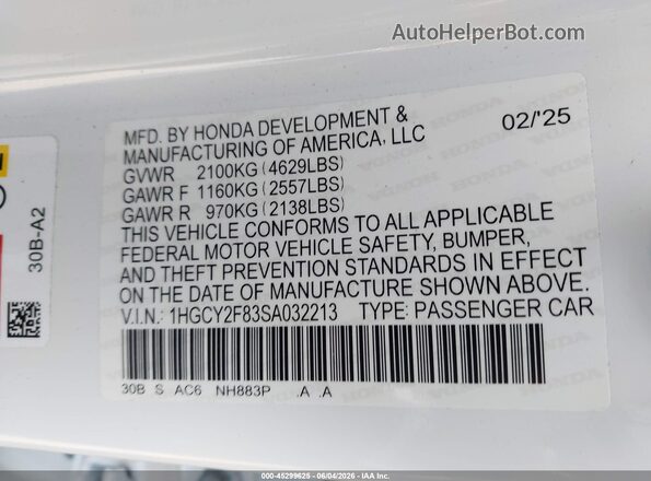 1HGCY2F83SA032213 2025 HONDA ACCORD White Vista del compartimento del motor